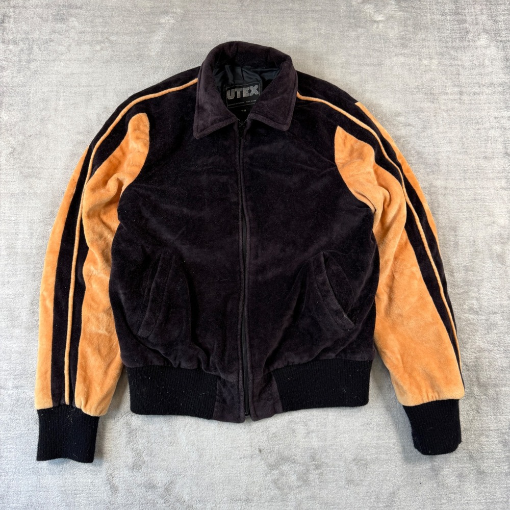 Utex Jacket Mens 38 Black 2 toned Vintage 70s Velour Terry Cloth Bomber Track